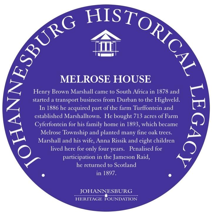 Melrose House Blue Plaque - Johannesburg Heritage Foundation