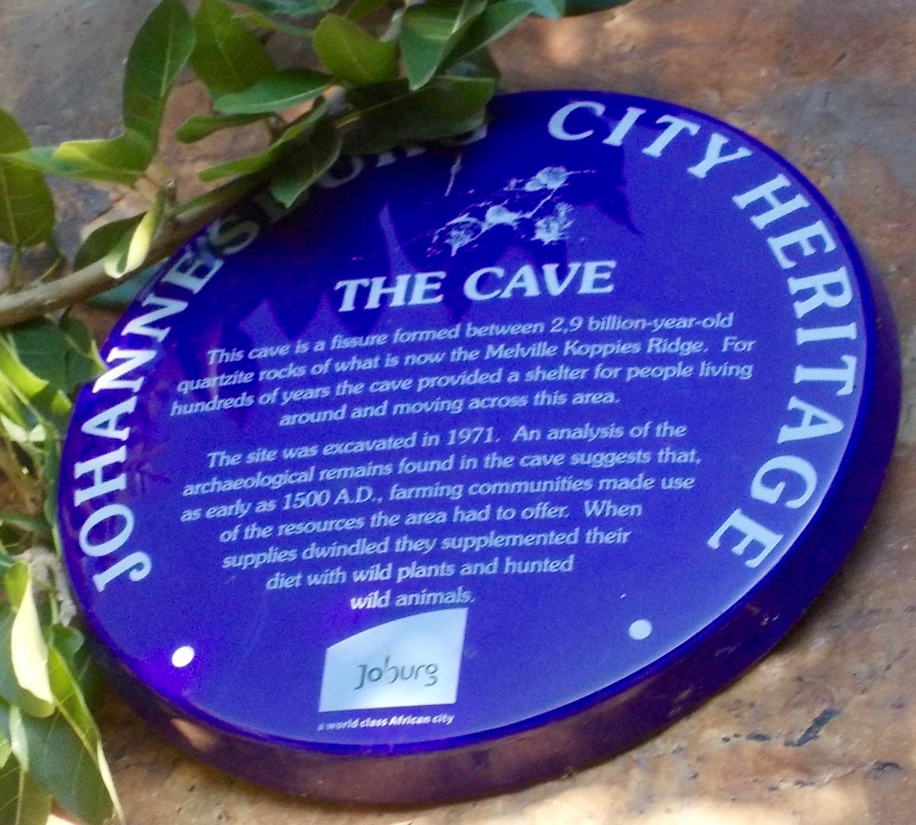 Melville Koppies Cave Blue Plaque - Heritage Portal - 2013