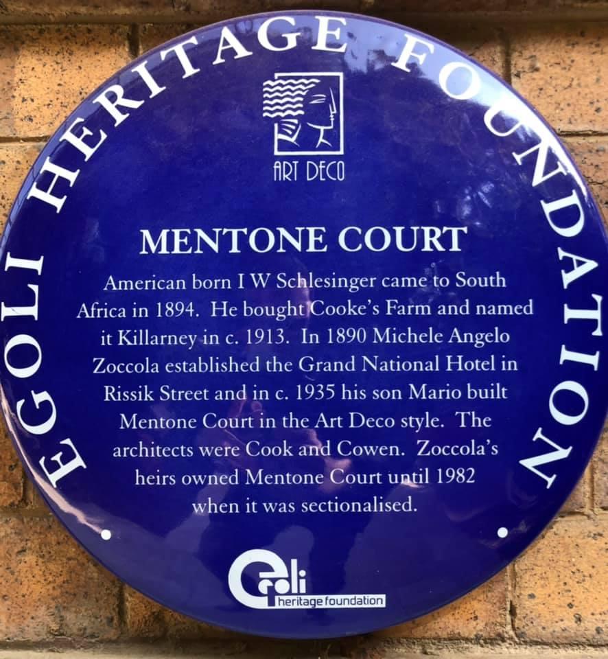 Mentone Court Blue Plaque - Johannesburg Heritage Foundation - 2021