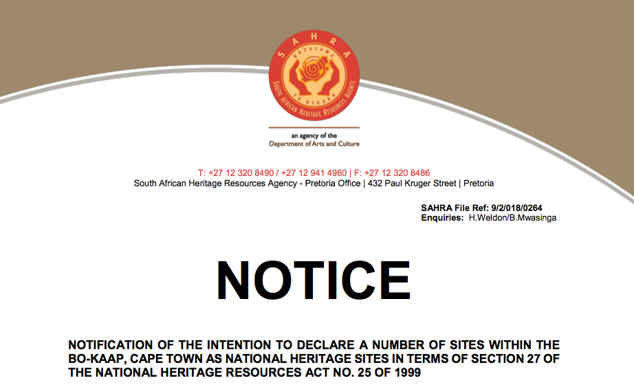 Notice to declare sites in Bo-Kaap as National Heritage Sites