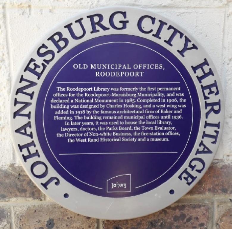 Old Municipal Offices Roodepoort Blue Plaque - City of Johannesburg