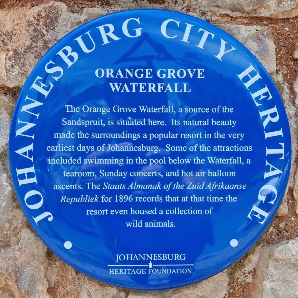 Orange Grove Waterfall Blue Plaque - Johannesburg Heritage Foundation - 2021