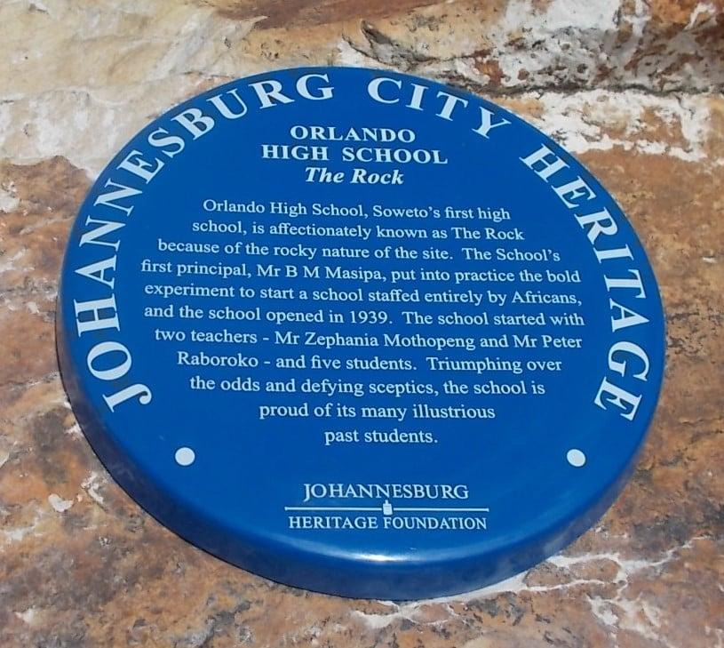 Orlando High School - The Rock - Blue Plaque - Johannesburg Heritage Foundation