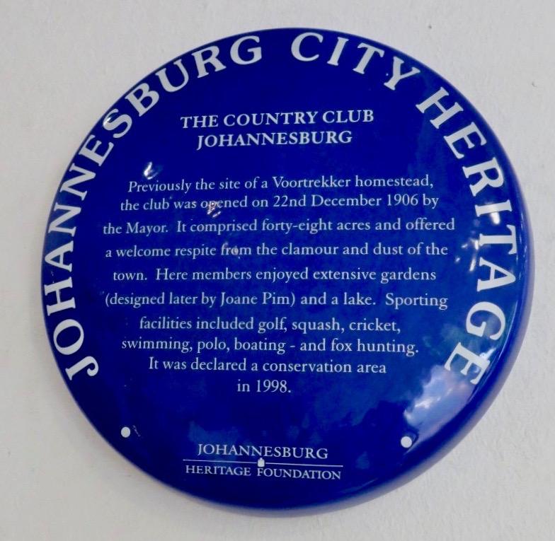 Plaque for Johannesburg Country Club - City of Johannesburg