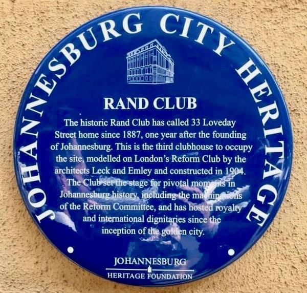Rand Club Blue Plaque - Johannesburg Heritage Foundation - 2019