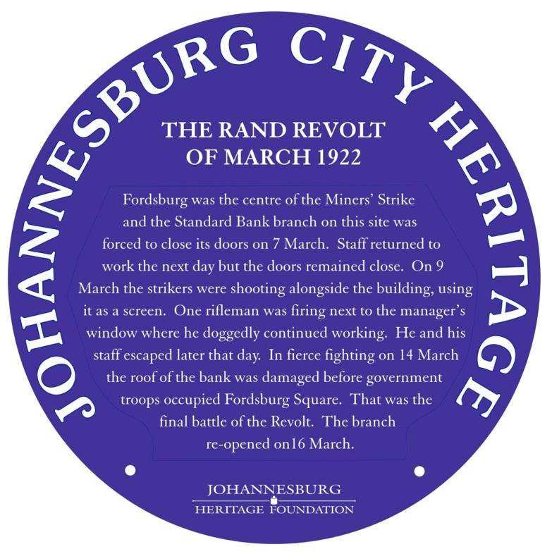 Rand Revold of March 1922 - Blue Plaque Inscription - Johannesburg Heritage Foundation