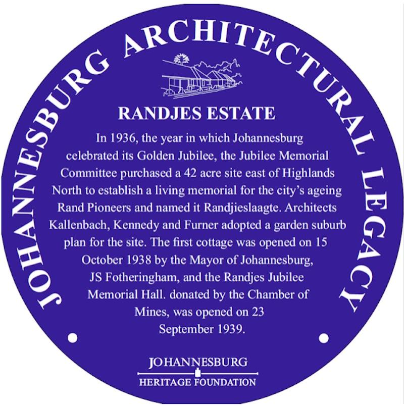 Randjes Estate Blue Plaque Inscription - Johannesburg Heritage Foundation