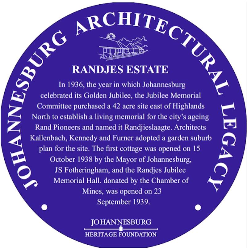 Randjes Estate Blue Plaque Inscription - Johannesburg Heritage Foundation