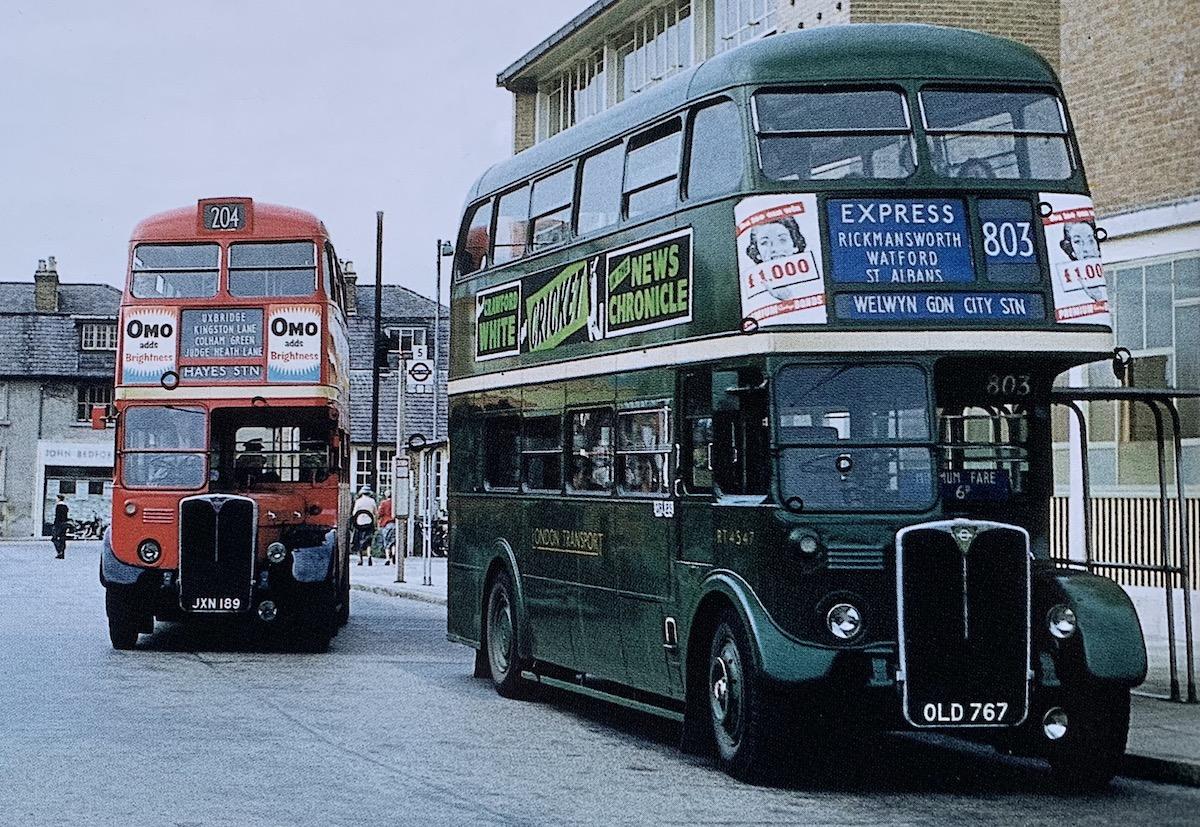 Red RT 811 overtaking green RT - The Heyday of the RT