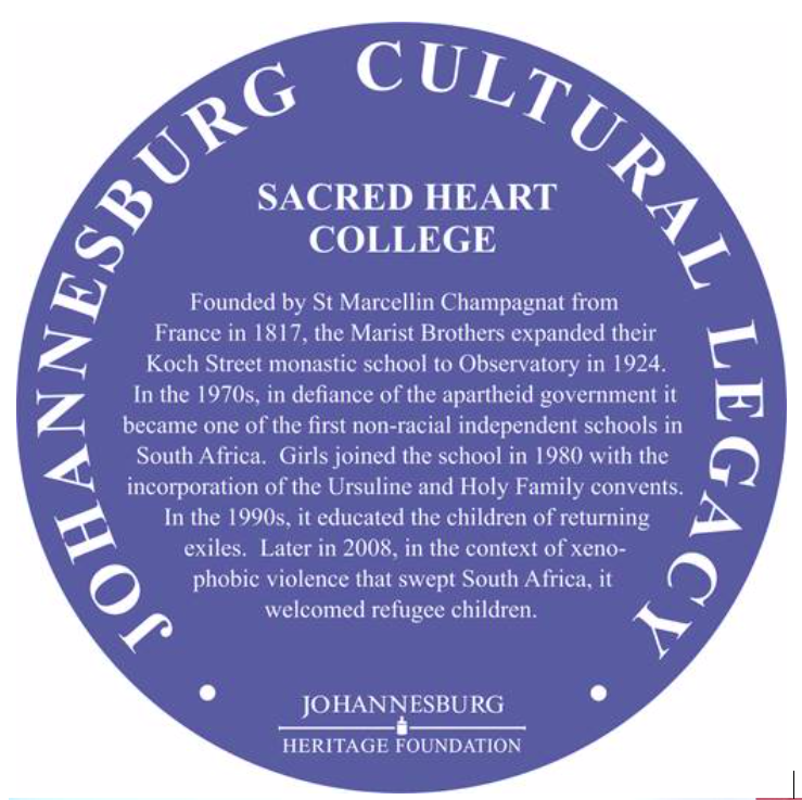 Sacred Heart College Blue Plaque Inscription - Johannesburg Heritage Foundation