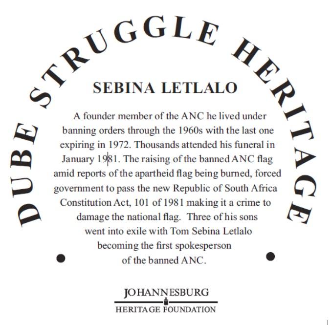 Sebina Letlalo Blue Plaque Inscription - Johannesburg Heritage Foundation
