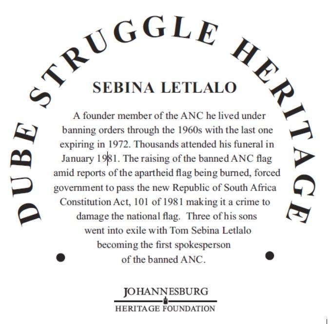 Sebina Letlalo Blue Plaque Inscription - Johannesburg Heritage Foundation