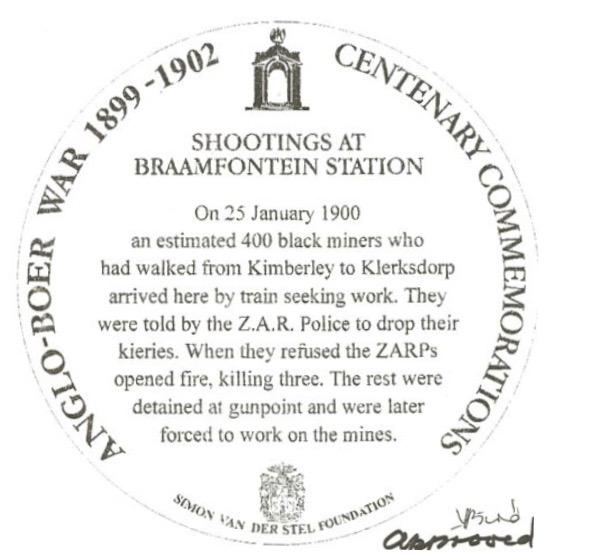 Shootings at Braamfontein Station - Plaque Inscription - Sourced by Kathy Munro