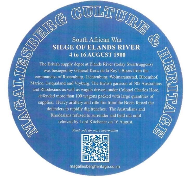 Siege of Elands River Blue Plaque - Magaliesberg Heritage