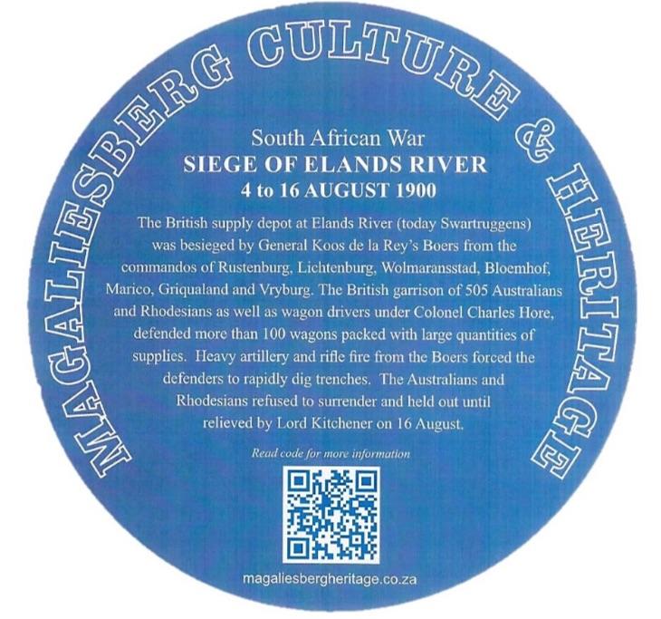 Siege of Elands River Blue Plaque - Magaliesberg Heritage