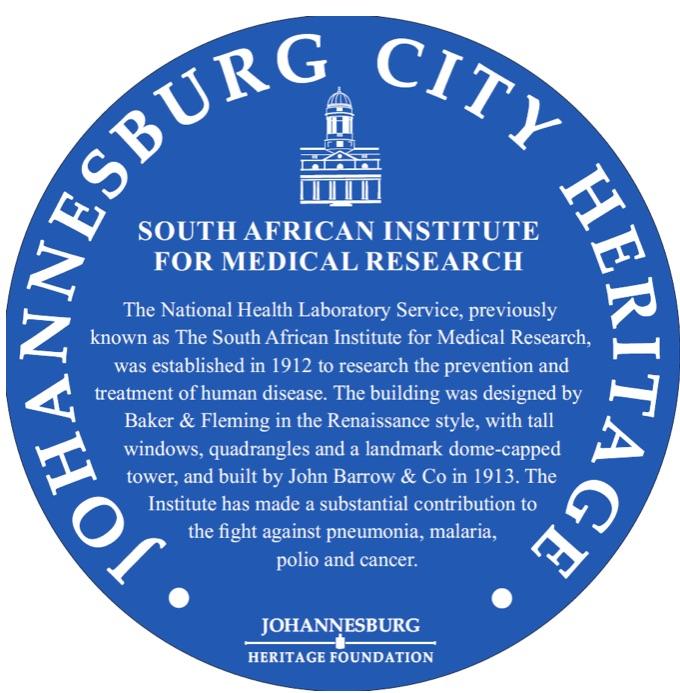 South African Institute of Medical Research Blue Plaque - Johannesburg Heritage Foundation