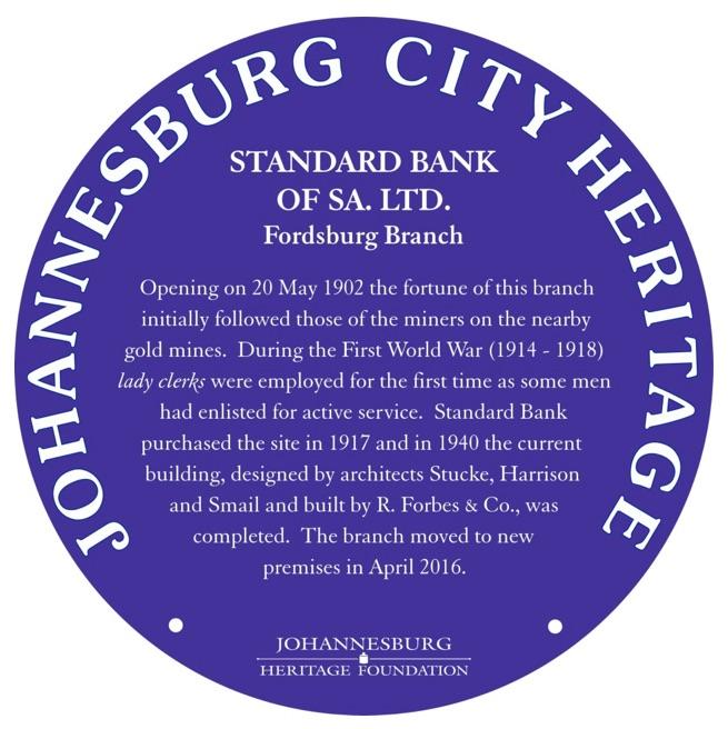 Standard Bank of SA Fordsburg Blue Plaque - Johannesburg Heritage Foundation