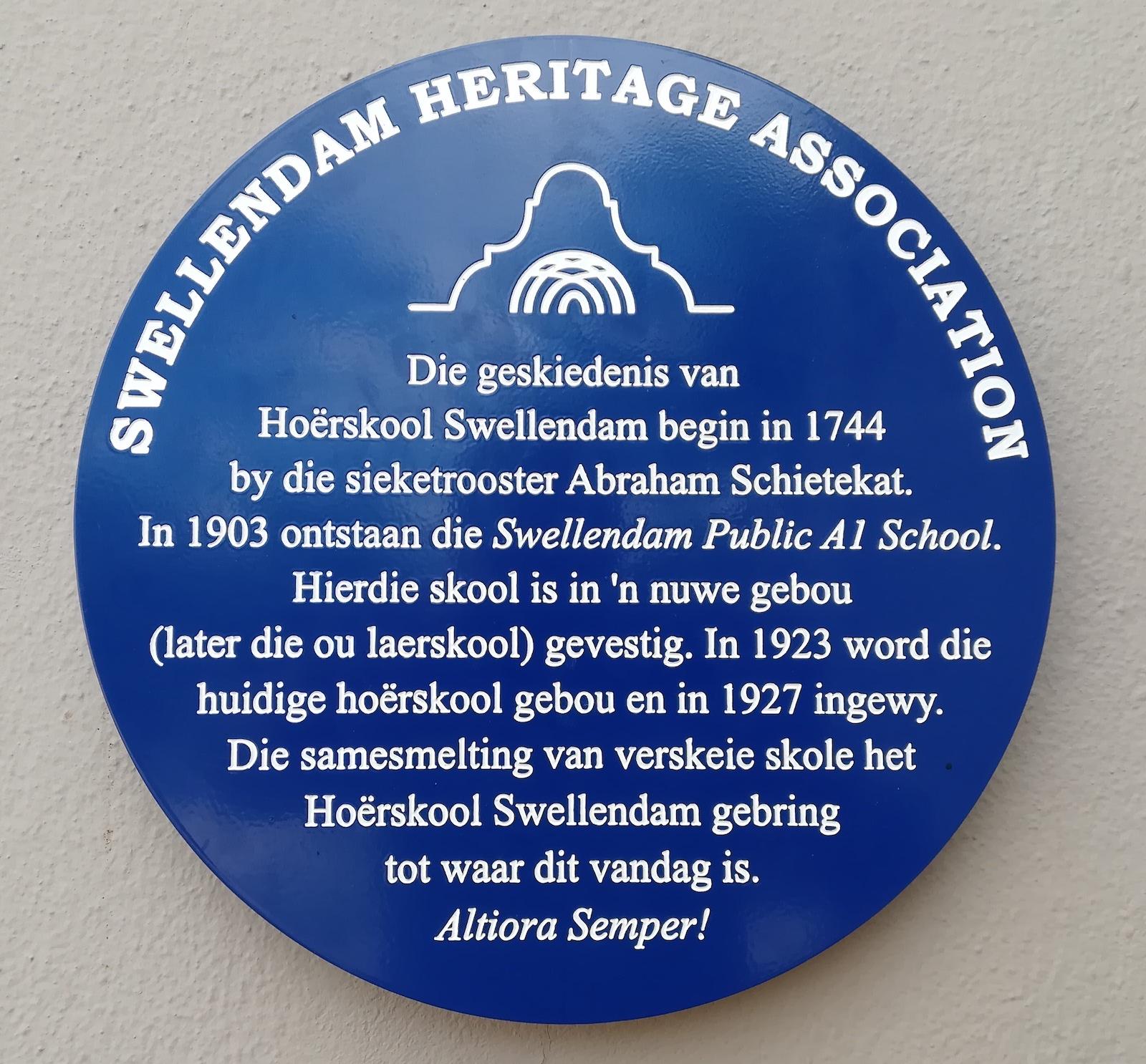 Swellendam Hoerskool Blue Plaque - Swellendam Heritage Association