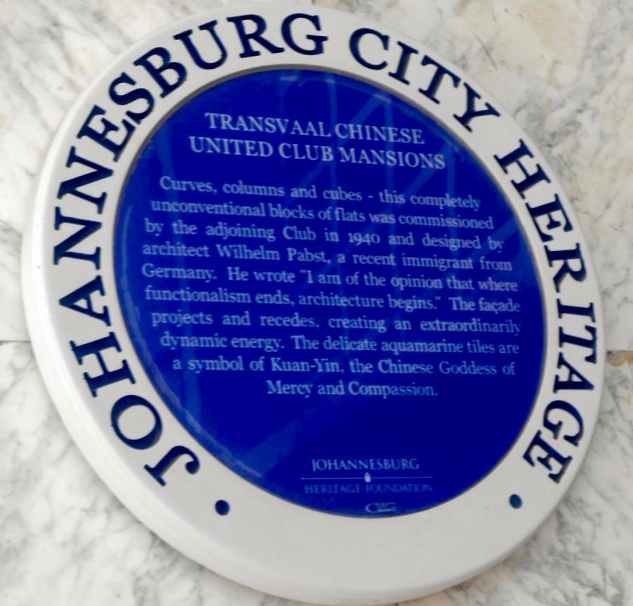 Transvaal Chinese United Club Blue Plaque - Heritage Portal - 2013