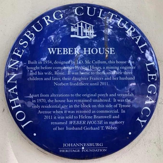 Weber House Blue Plaque - Johannesburg Heritage Foundation - 2018