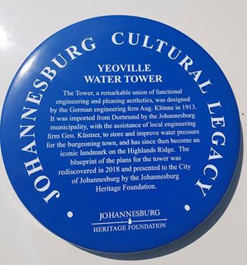 Yeoville Water Tower Blue Plaque - Kathy Munro
