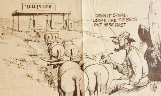 Cartoon of Ox-wagon approaching a toll plaza - source unknown