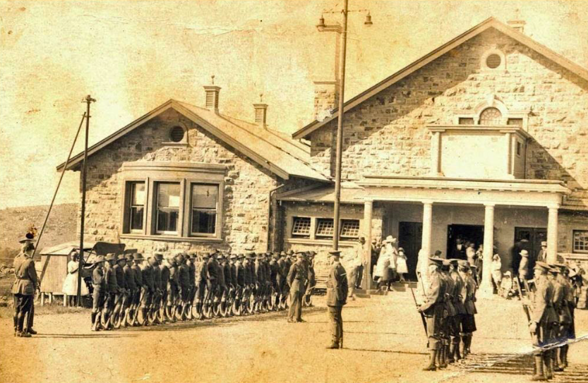 Possibly army cadets outside Recreation Club - Cullinan Mine Archives