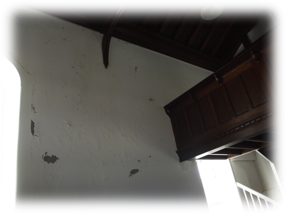 Robben Island Garrison Church - Damage inside next to clogged gutter 2013 via Ron Viney