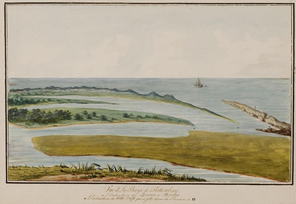 Le Valliant watercolour - Piesang Valley with Robberg on the right and the Keurbooms River and lagoon on the left