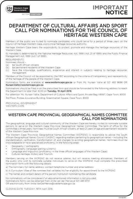 Heritage Western Cape - Council Nomination Announcement - April 2016