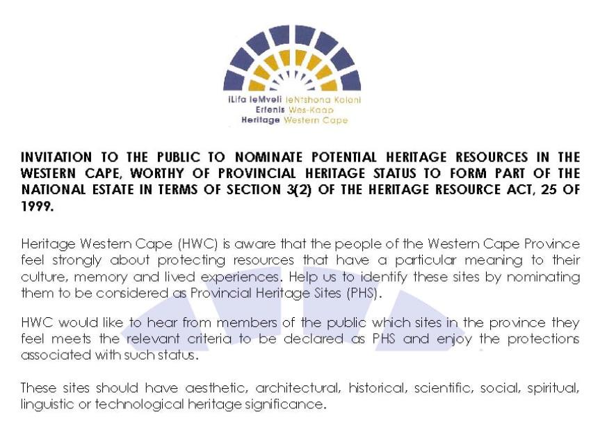 Nominate a Western Cape Heritage Site - 2022