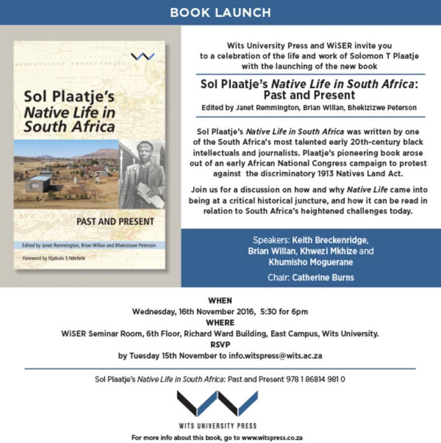 Sol Plaatje Native Life in SA past and present book launch