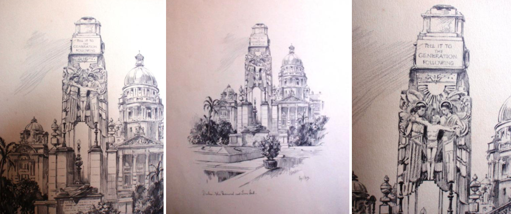 Three of a set of nine lithographs of Charles Ernest Peers - Durban Cenotaph